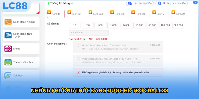 Những phương thức đang được hỗ trợ của LC88